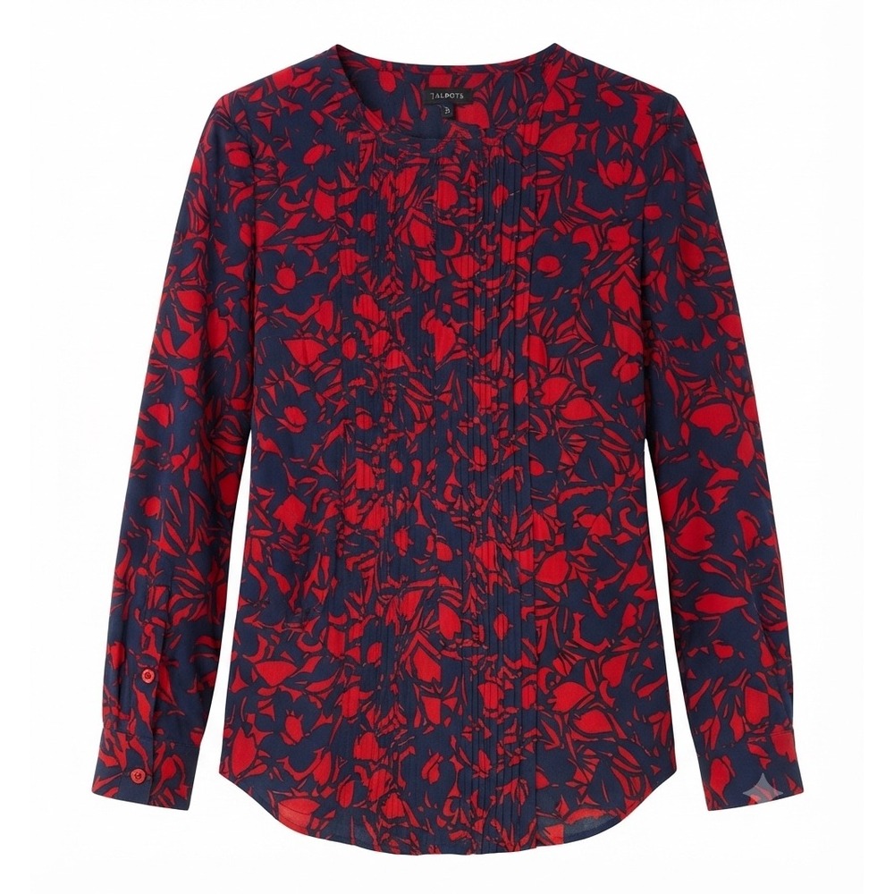 Talbots Womens XS Blouse Navy Blue Red Floral Pleated Front Long Sleeve Top